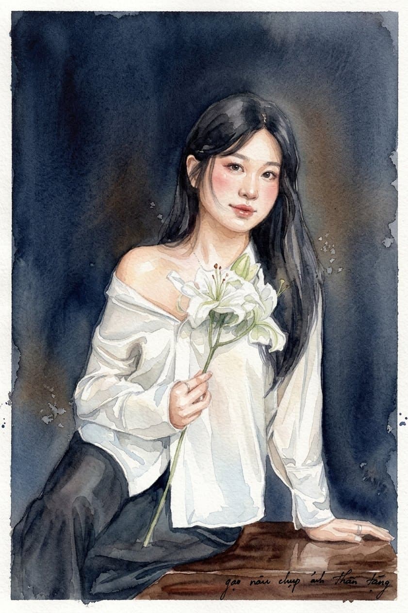 Tranh vẽ chân dung người phụ nữ áo trắng ôm hoa loa kèn — khoảnh khắc êm của một quãng đời rất bận