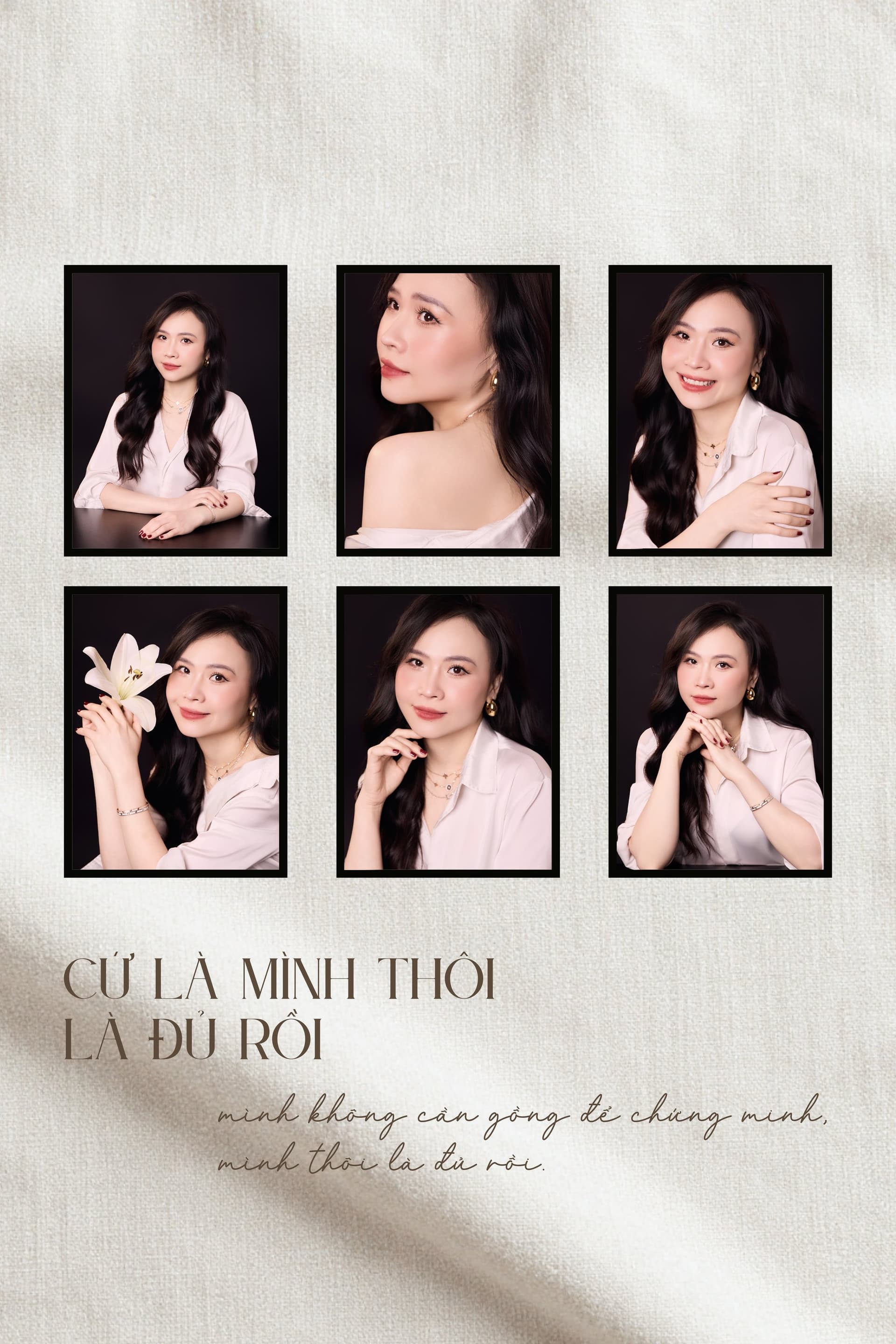 Khung ảnh thiết kế collage dạng bento gồm sáu bức hình chân dung với các sắc thái biểu cảm khác nhau của chị Lý Lưu