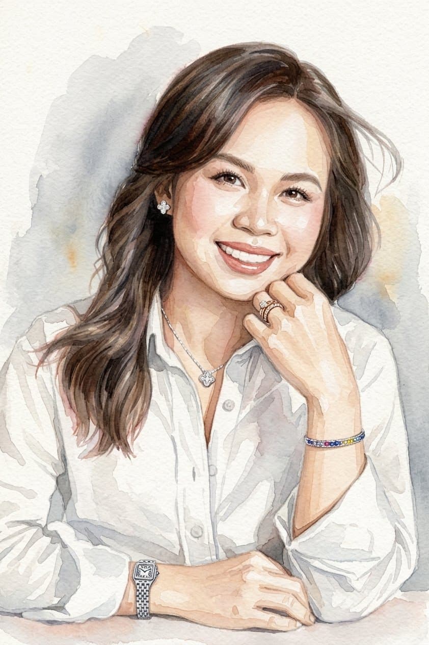 Bức tranh chân dung Quỳnh Anh vẽ màu nước nghệ thuật, lưu giữ nét cười đằm thắm của cô