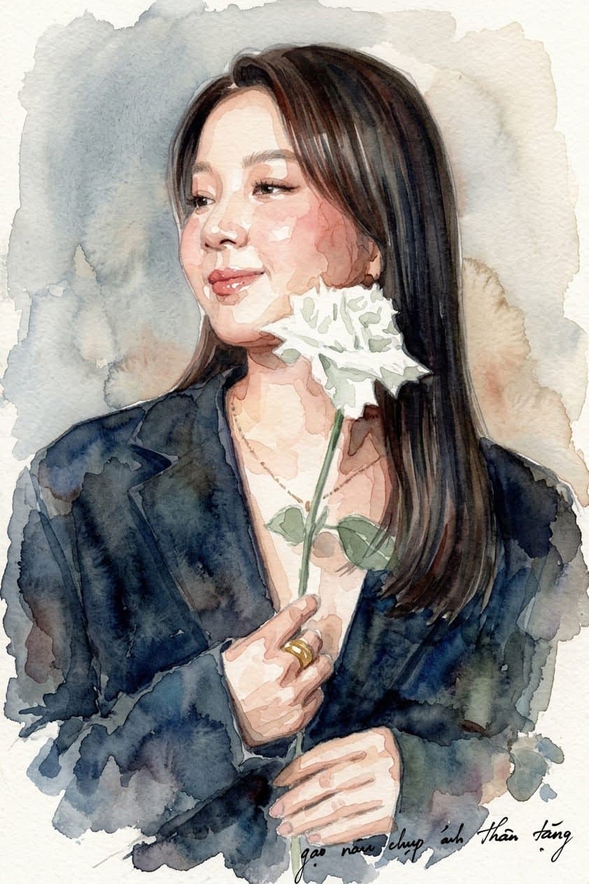 Tranh chân dung màu nước chị Thanh ôm bó cẩm chướng — món quà từ Gạo Nâu
