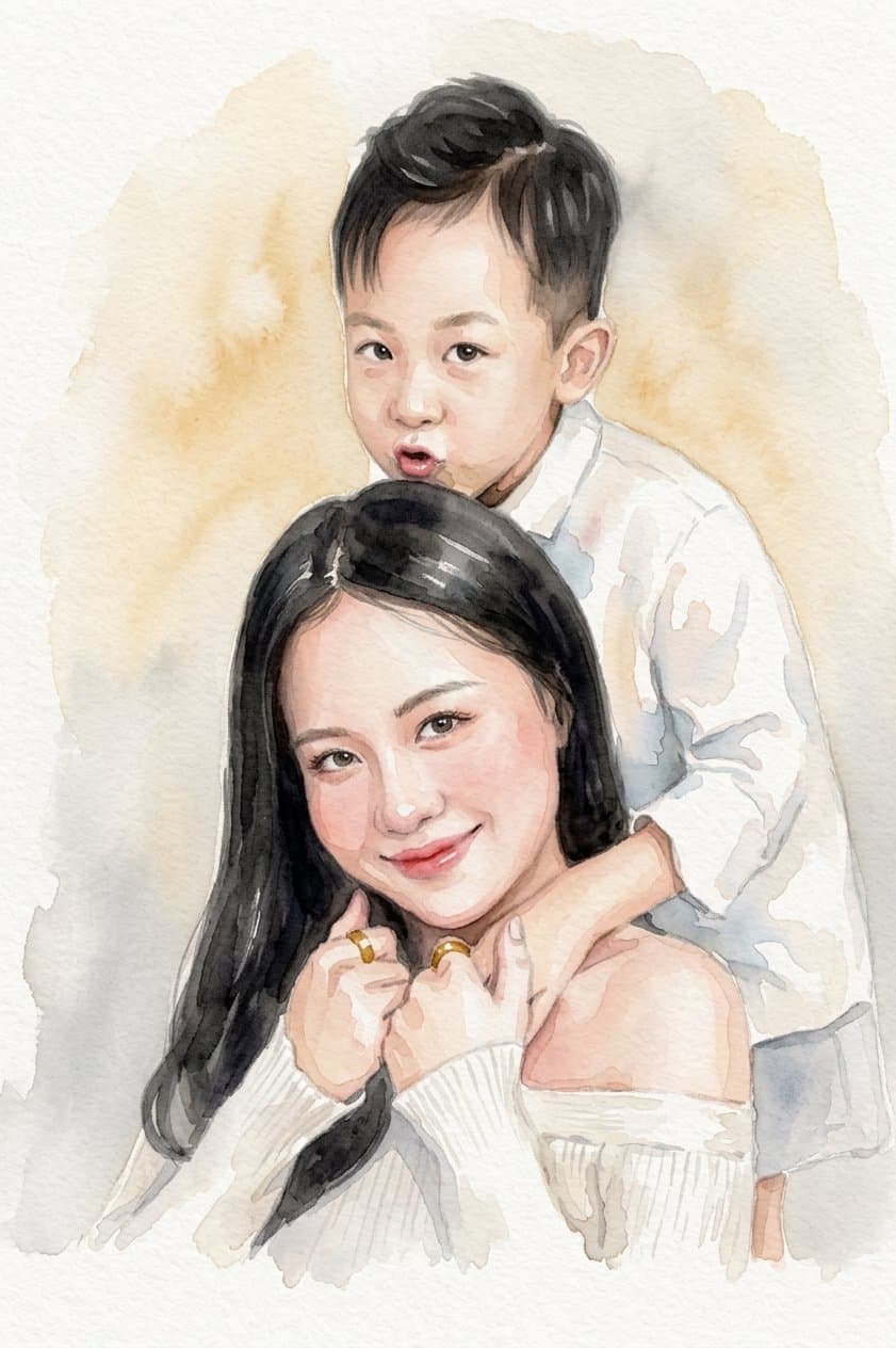 Bức tranh vẽ chân dung nghệ thuật Mebopiu ôm bé Bo trìu mến, kỷ niệm đặc biệt của hai mẹ con.