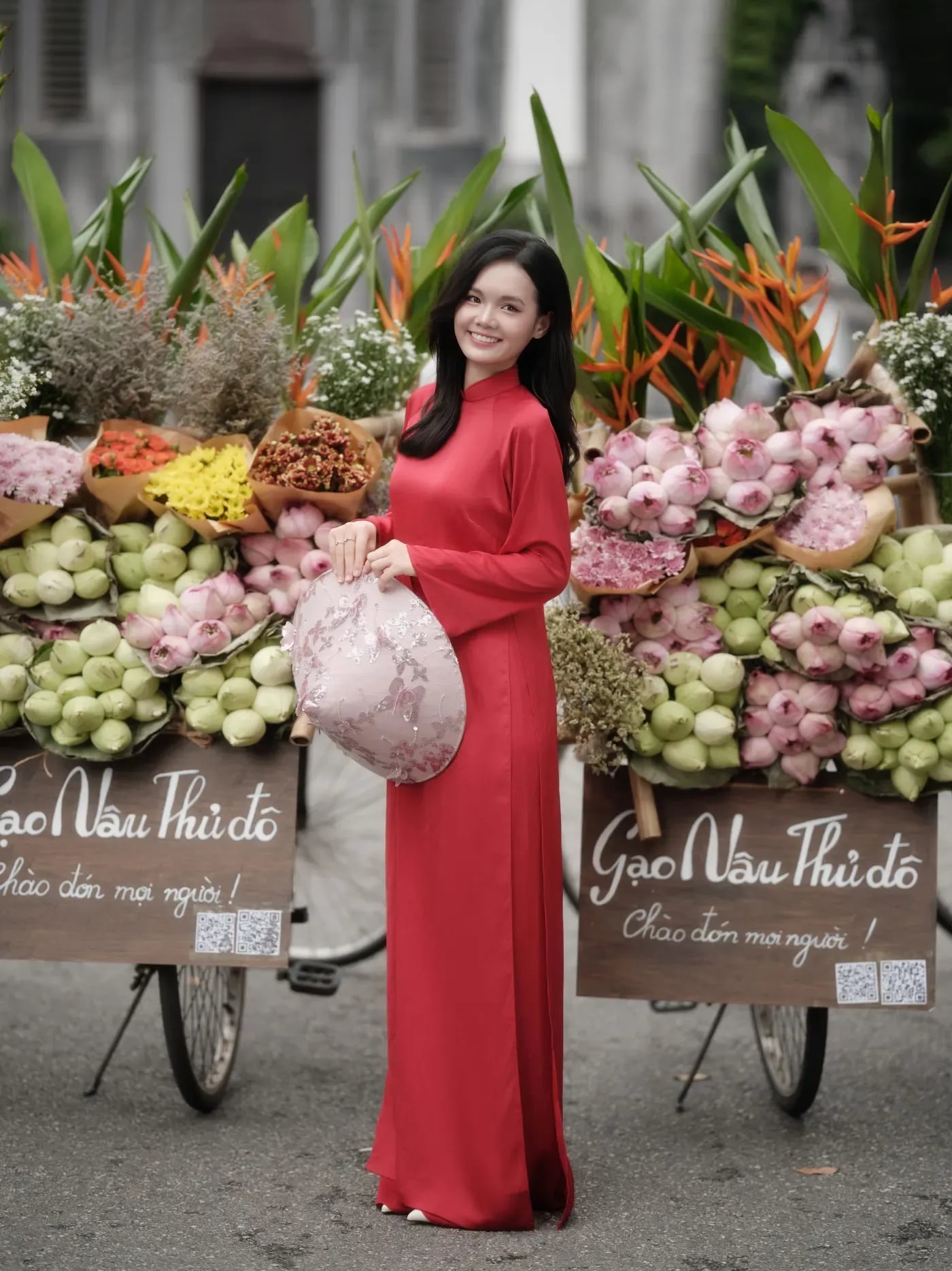Concept nàng thơ áo dài đỏ bên xe hoa mùa thu Hà Nội