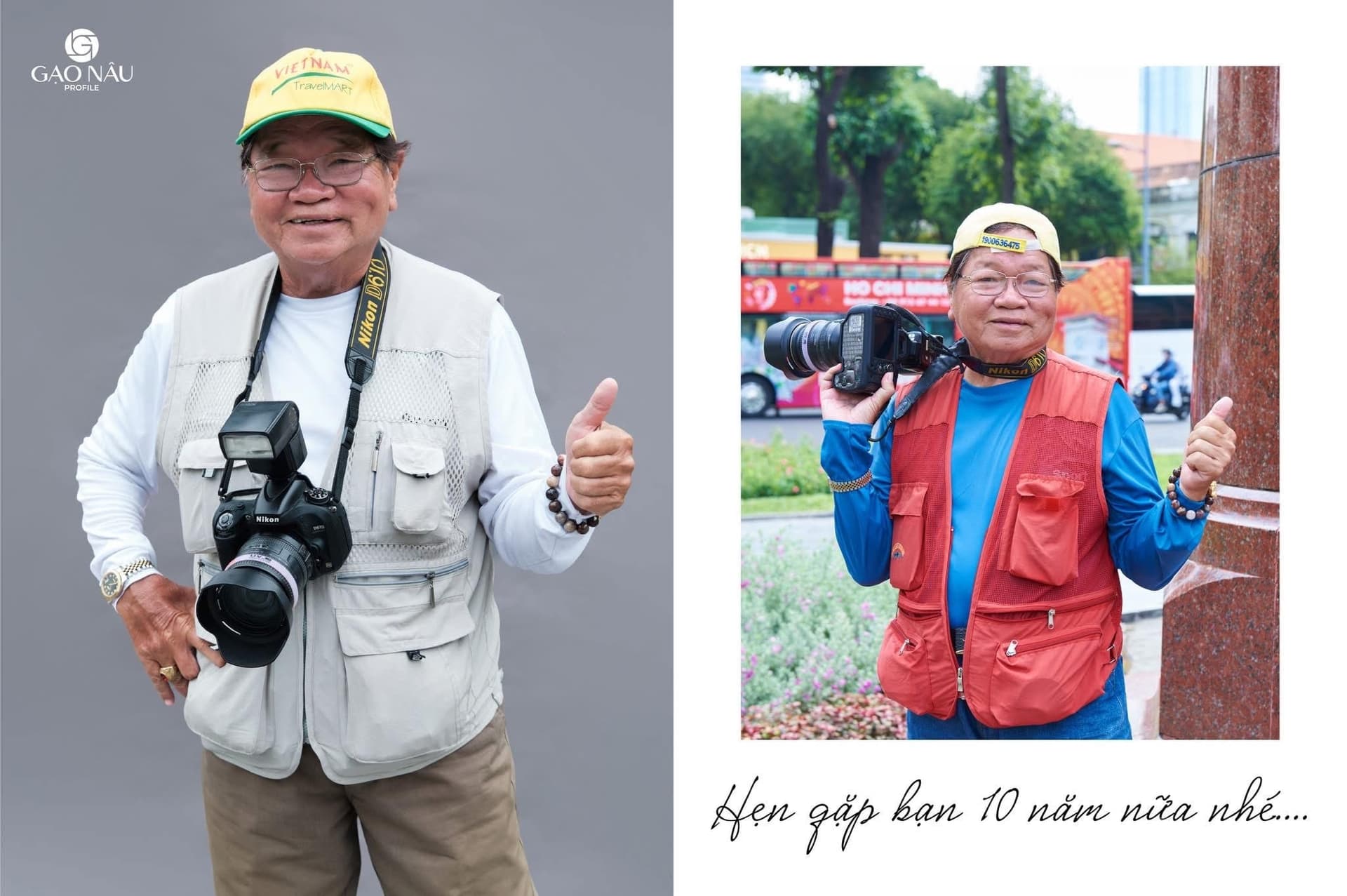 Chân dung bác thợ ảnh dạo trong studio, tay cầm máy ảnh, đội mũ kaki vàng; bên cạnh là ảnh đời thường của bác ngoài công viên với camera đeo trước ngực