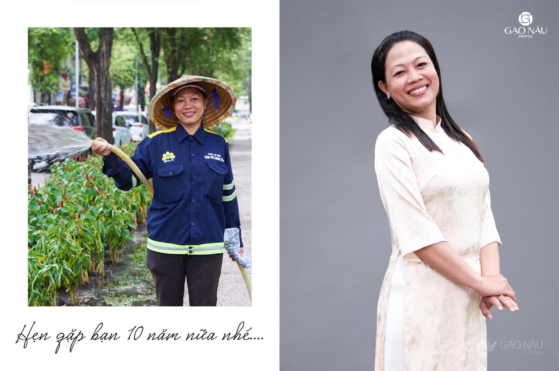 Bên trái: chị công nhân vệ sinh đứng tưới bồn hoa trên dải phân cách với áo đồng phục xanh và nón lá; bên phải: chân dung chị trong tà áo dài trắng, tóc buộc cao, nụ cười hiền