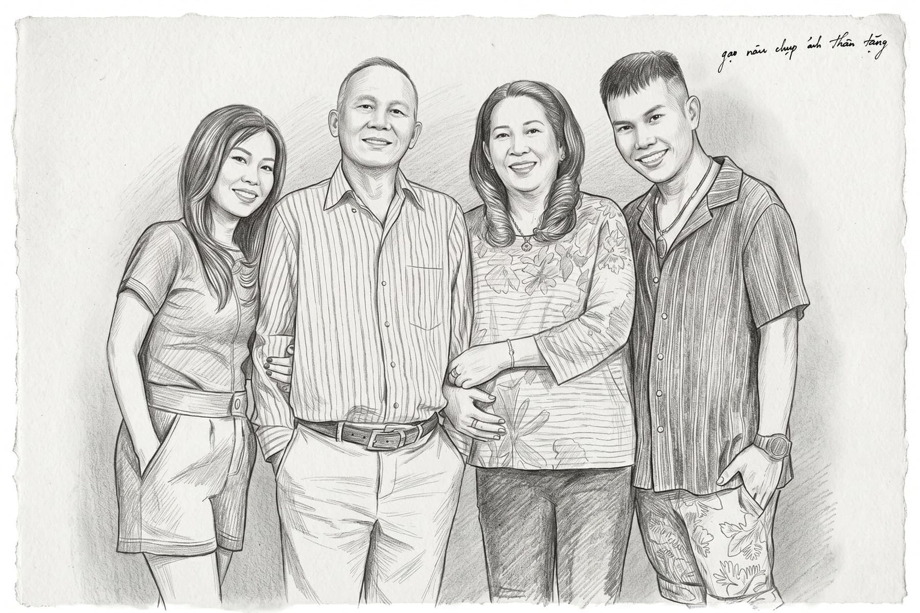 Bức ký họa đen trắng gia đình bốn người đứng cạnh nhau — tấm hình cũ được vẽ lại, gốc của một mái nhà