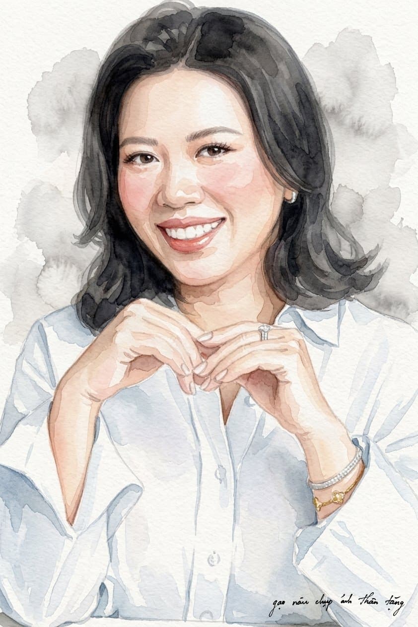 Bức họa chân dung màu nước phác họa người phụ nữ mỉm cười làm hình trái tim ấm áp