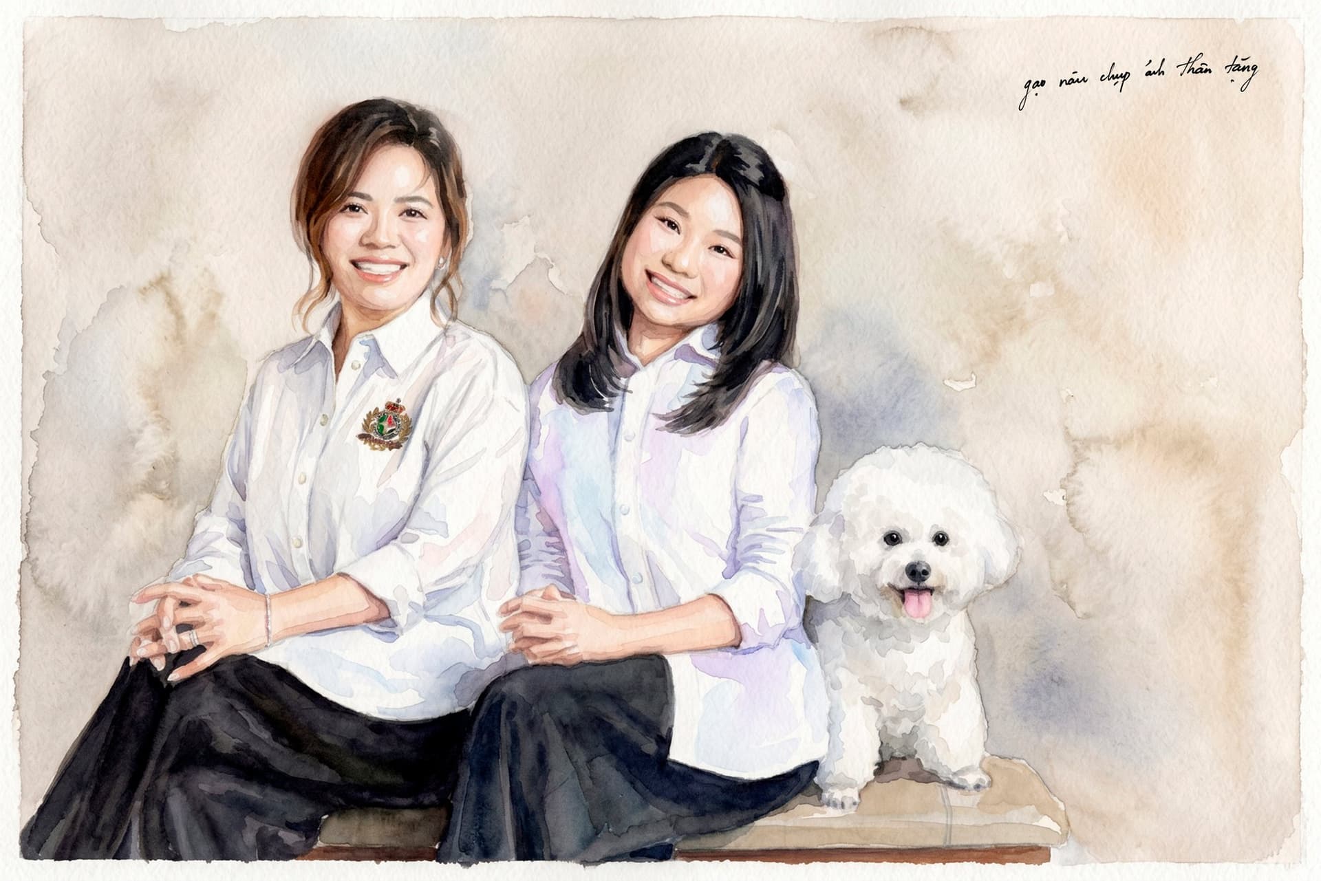 Chị Ý Nhi cùng con gái và chú chó nhỏ ngồi bên nhau ấm áp