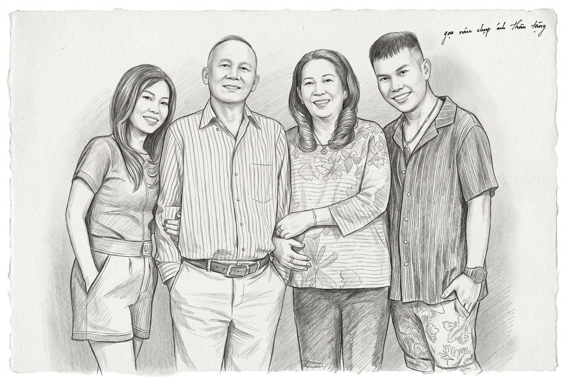 Bức ký họa đen trắng gia đình bốn người đứng cạnh nhau — tấm hình cũ được vẽ lại, gốc của một mái nhà